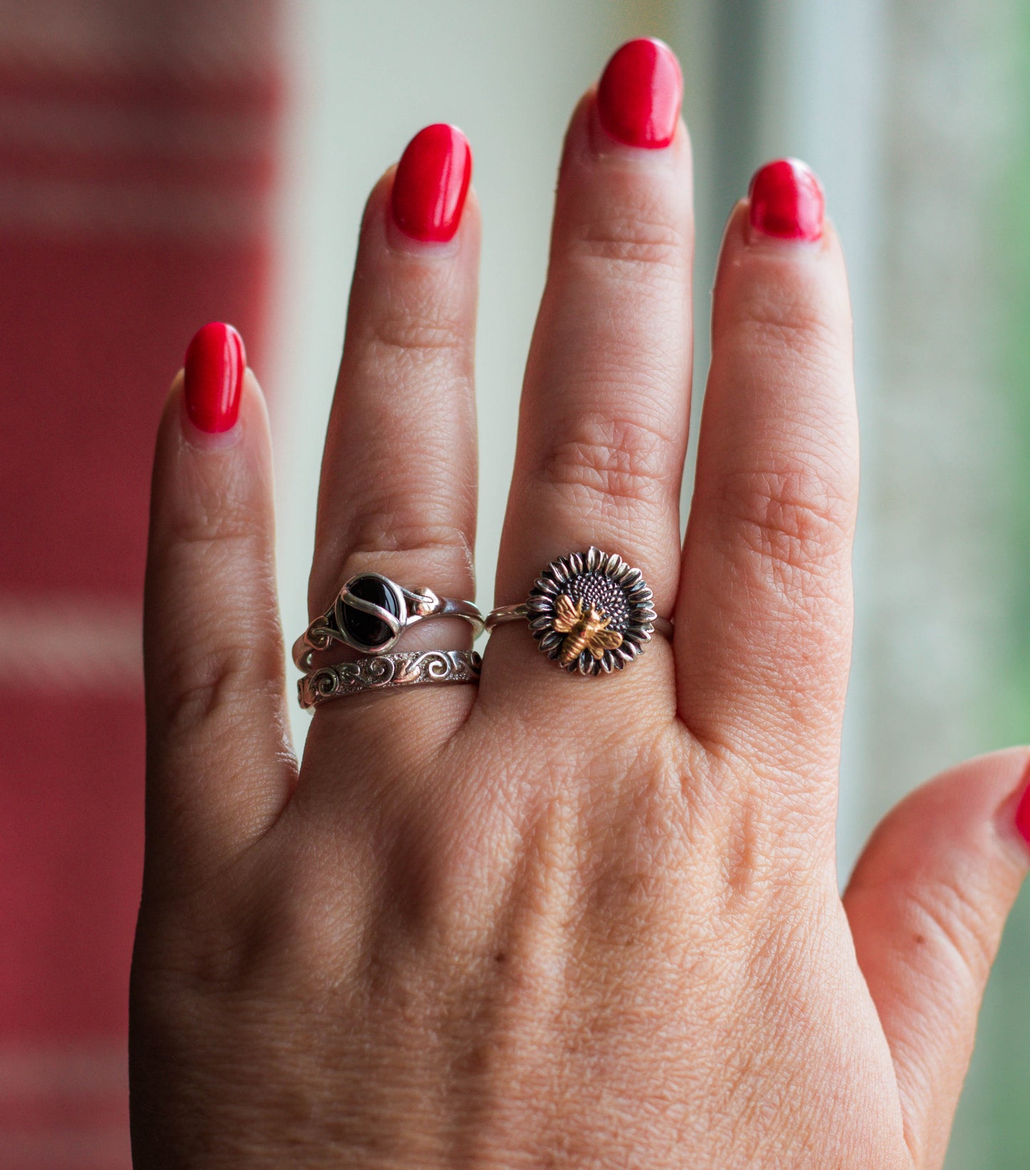 Sterling Silver Flower and Bee Ring