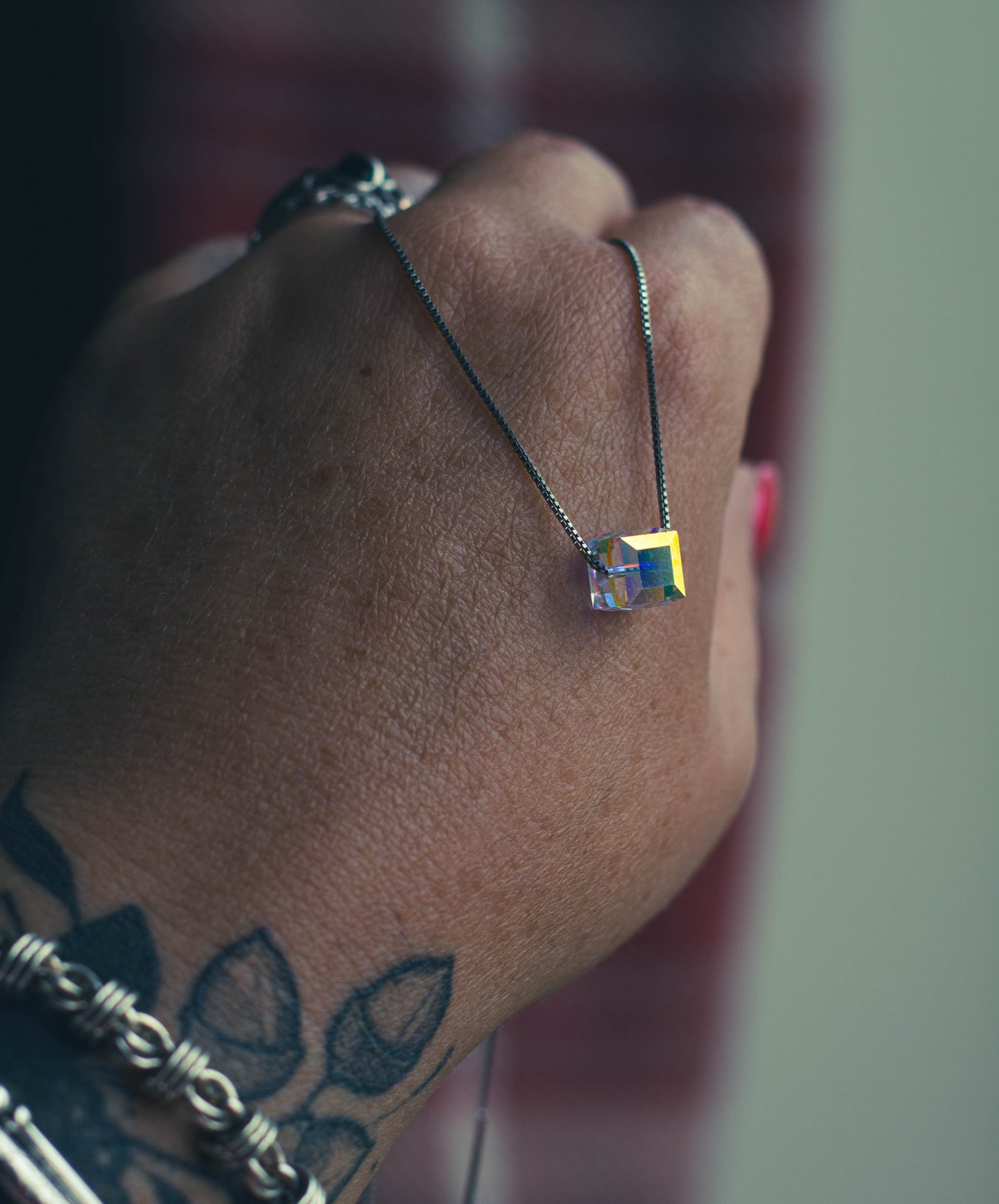 Sterling Silver Crystal Cube Necklace
