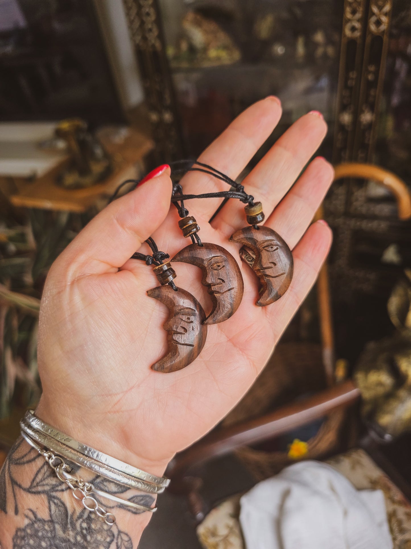 Carved Wood Moon Necklace